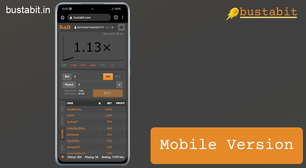 Enjoy Bustabit crash game with mobile browser access